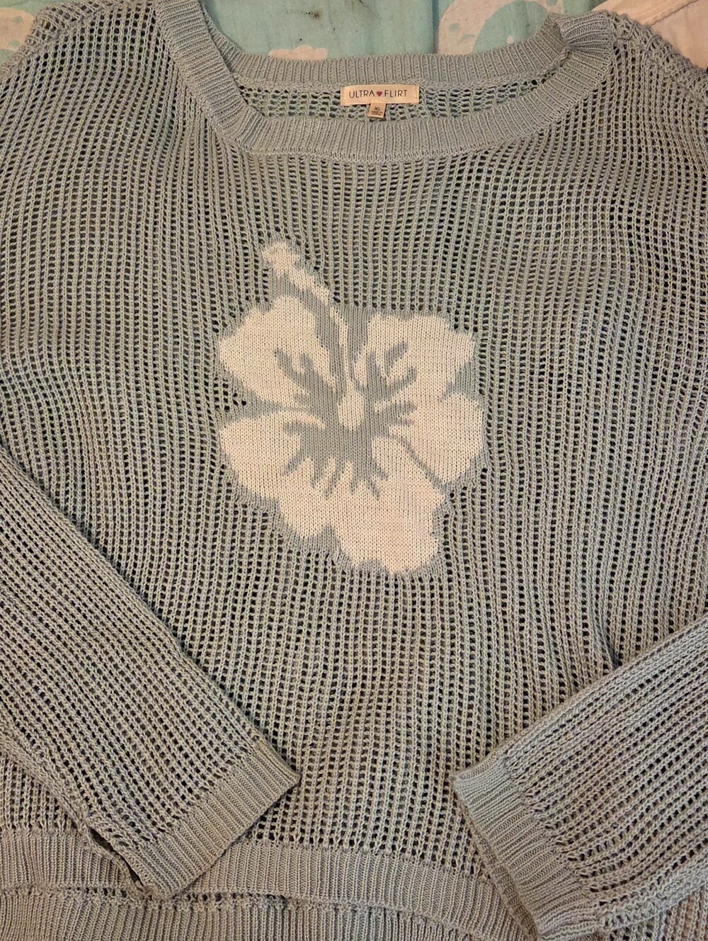 Ultra Flirt Women's Pale Sage Open-Knit Crewneck Sweater with White Flower